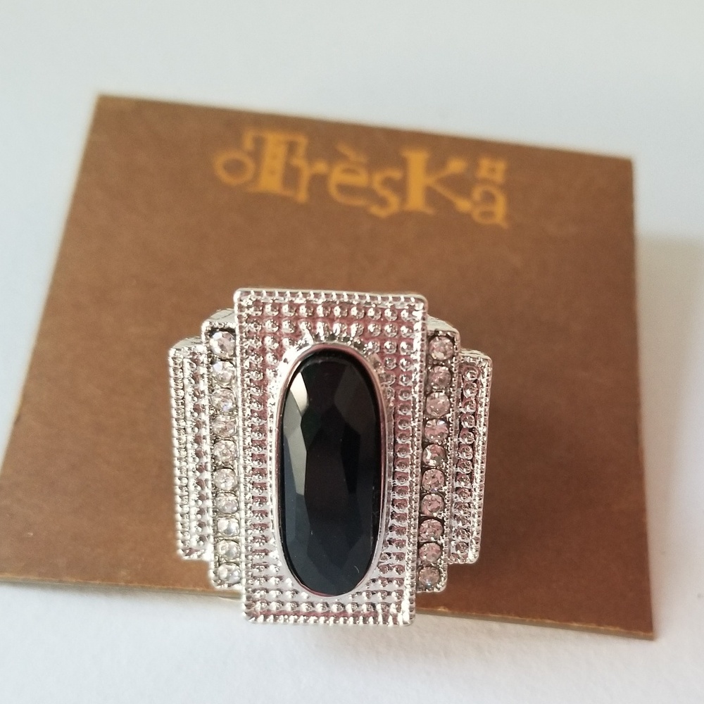 Treska Ring Black stone Crystal Pave deco stretch